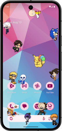 Android screen showing shimeji characters walking around apps